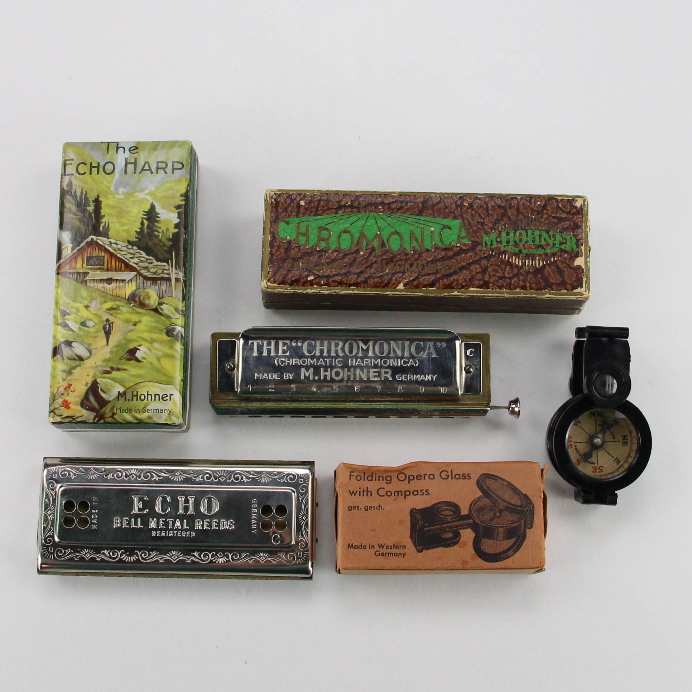 Hohner Harmonicas and Folding Opera Glasses with Compass