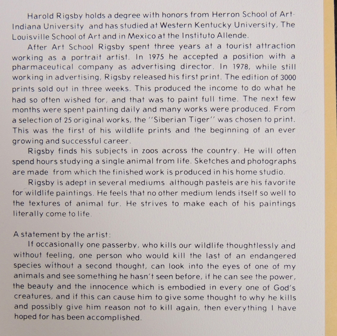 Harold Rigsby Signed Limited Edition Wildlife Prints