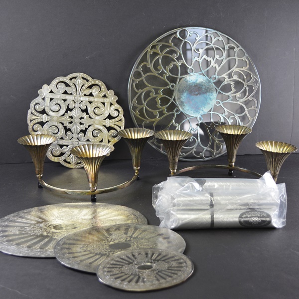 Silver Plated Trumpet Vases Center PIece, Trivets and Silent Butler