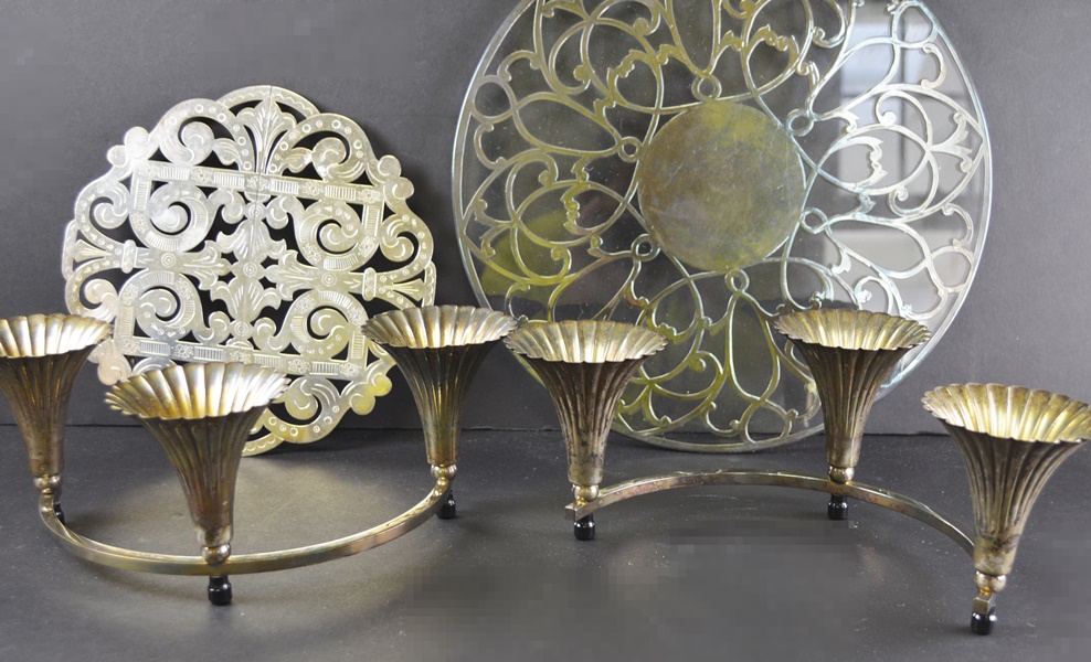 Silver Plated Trumpet Vases Center PIece, Trivets and Silent Butler