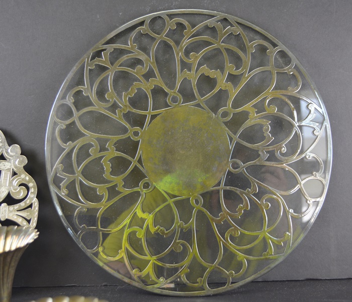 Silver Plated Trumpet Vases Center PIece, Trivets and Silent Butler