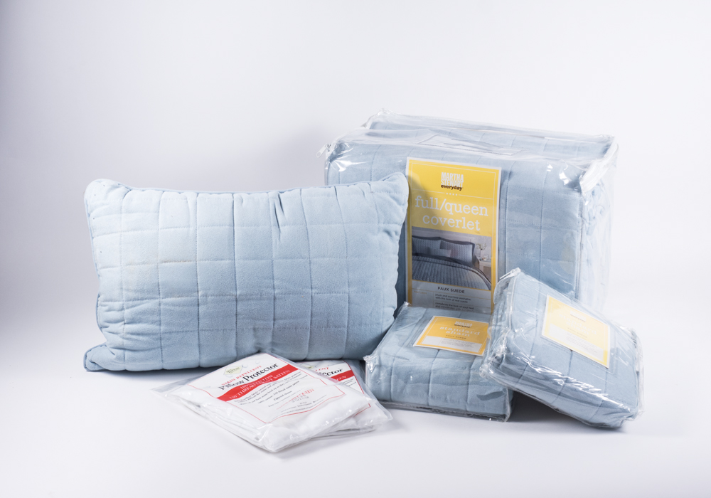 Blue Quilted Suede Look Bedding Set