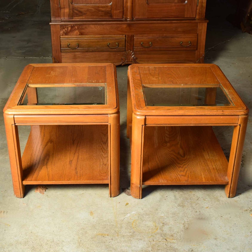 Oak and Glass Side Table Pair