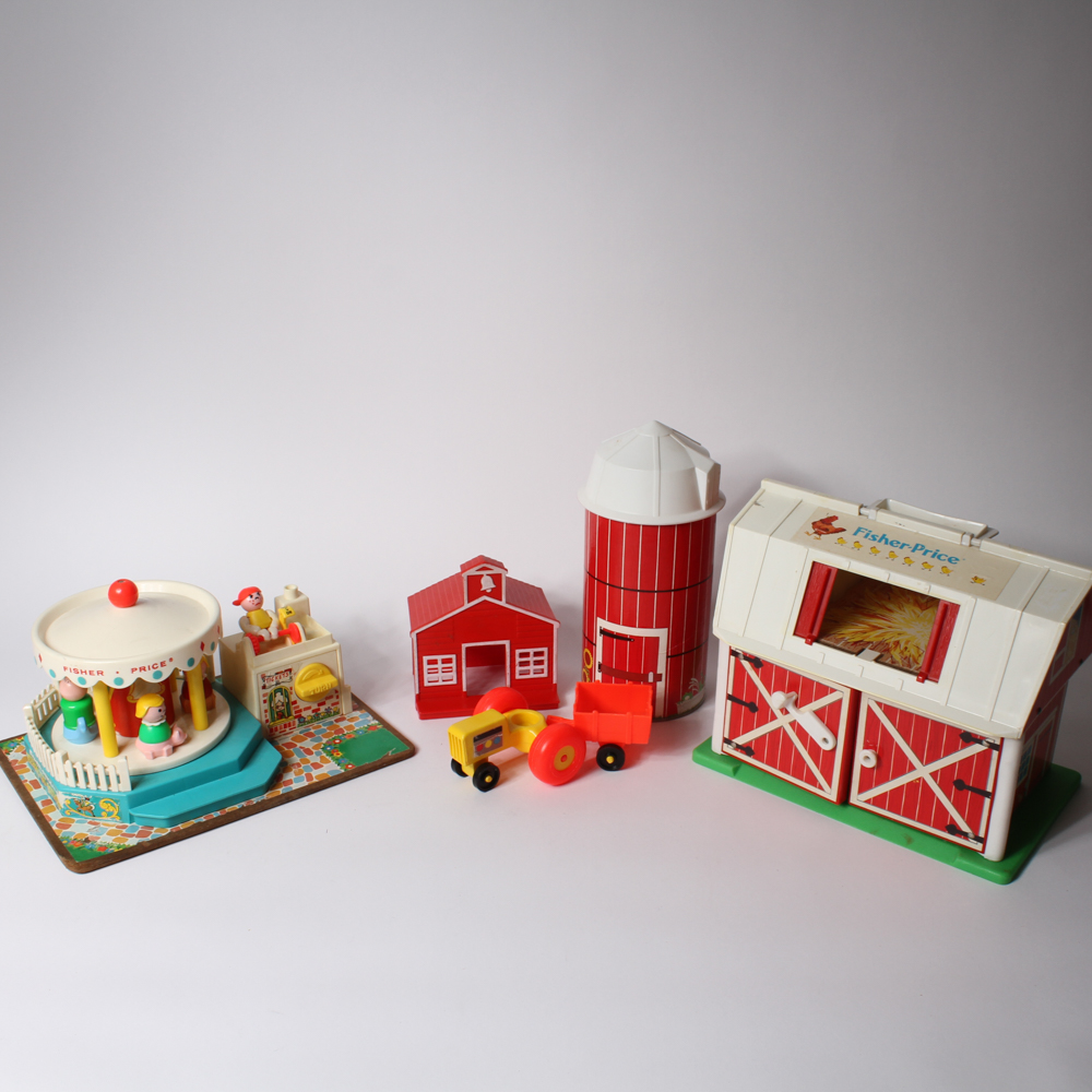 Vintage Fisher Price Barn with Animals and Merry-Go-Round Toys