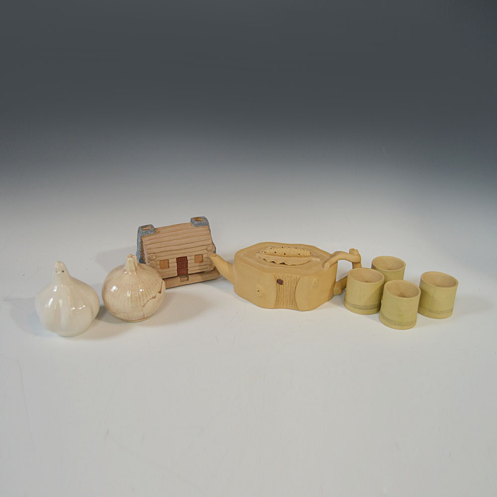 Bisque Pottery Tea Set, Bisque Cabin and Ceramic Vegetable Salt and Pepper