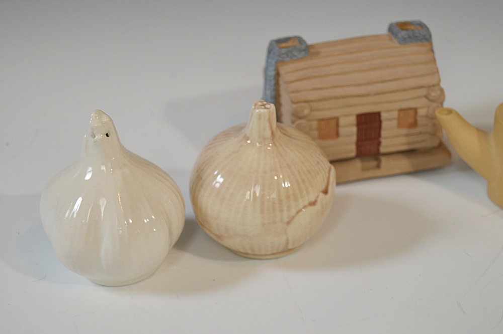 Bisque Pottery Tea Set, Bisque Cabin and Ceramic Vegetable Salt and Pepper
