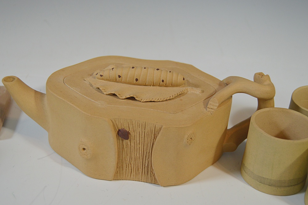 Bisque Pottery Tea Set, Bisque Cabin and Ceramic Vegetable Salt and Pepper
