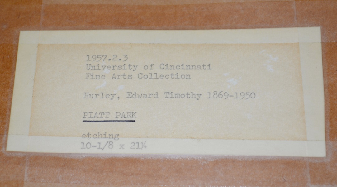 E.T. Hurley Signed "Piatt Park" Sepia Etching