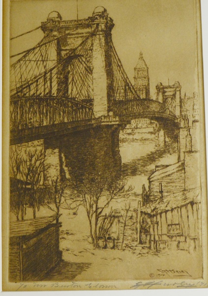 E.T. Hurley Signed "Suspension Bridge, Cincinnati" Sepia Etching