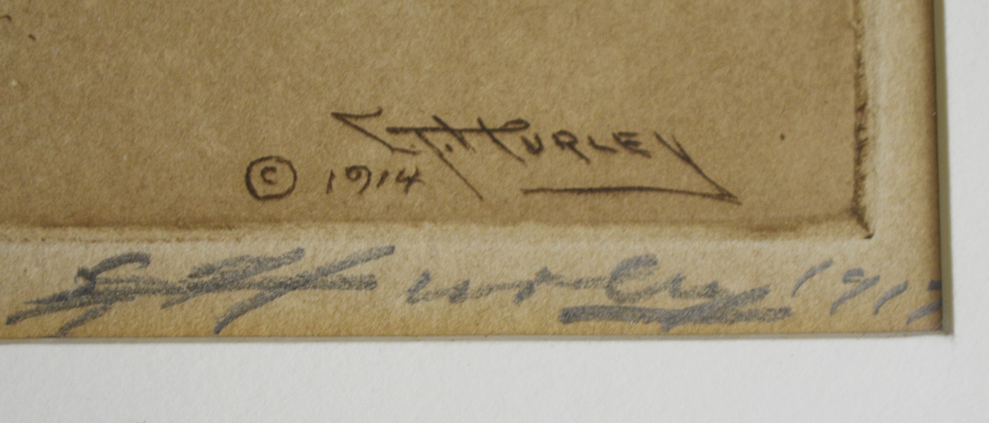 E.T. Hurley Signed "Suspension Bridge, Cincinnati" Sepia Etching