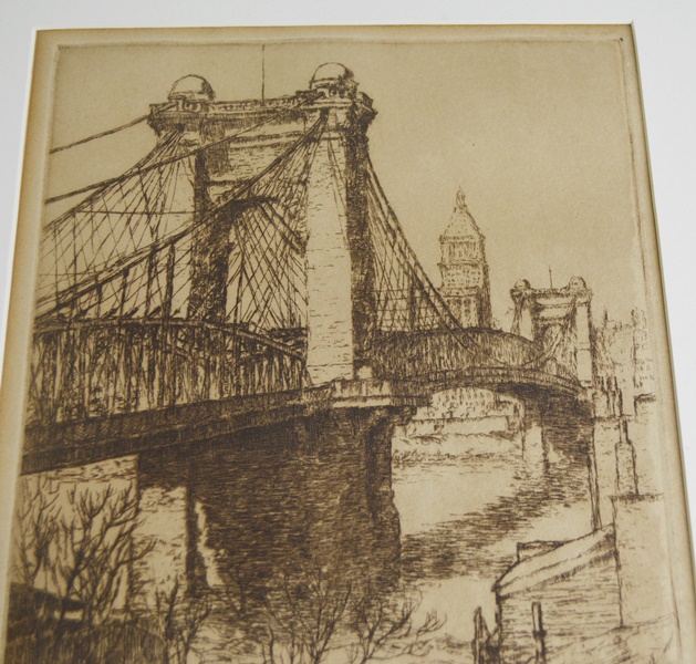 E.T. Hurley Signed "Suspension Bridge, Cincinnati" Sepia Etching