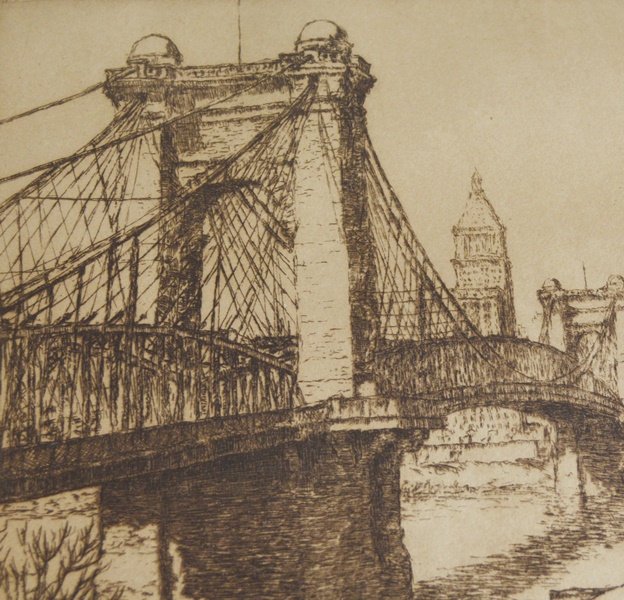 E.T. Hurley Signed "Suspension Bridge, Cincinnati" Sepia Etching