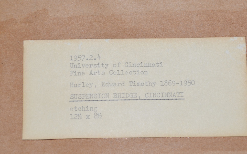 E.T. Hurley Signed "Suspension Bridge, Cincinnati" Sepia Etching