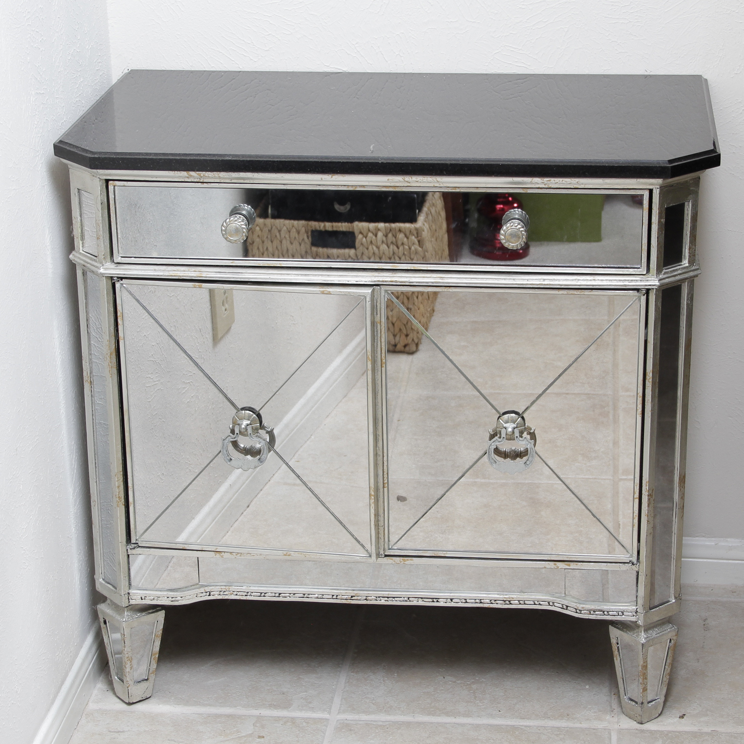 Mirrored Nightstand with Black Granite Top