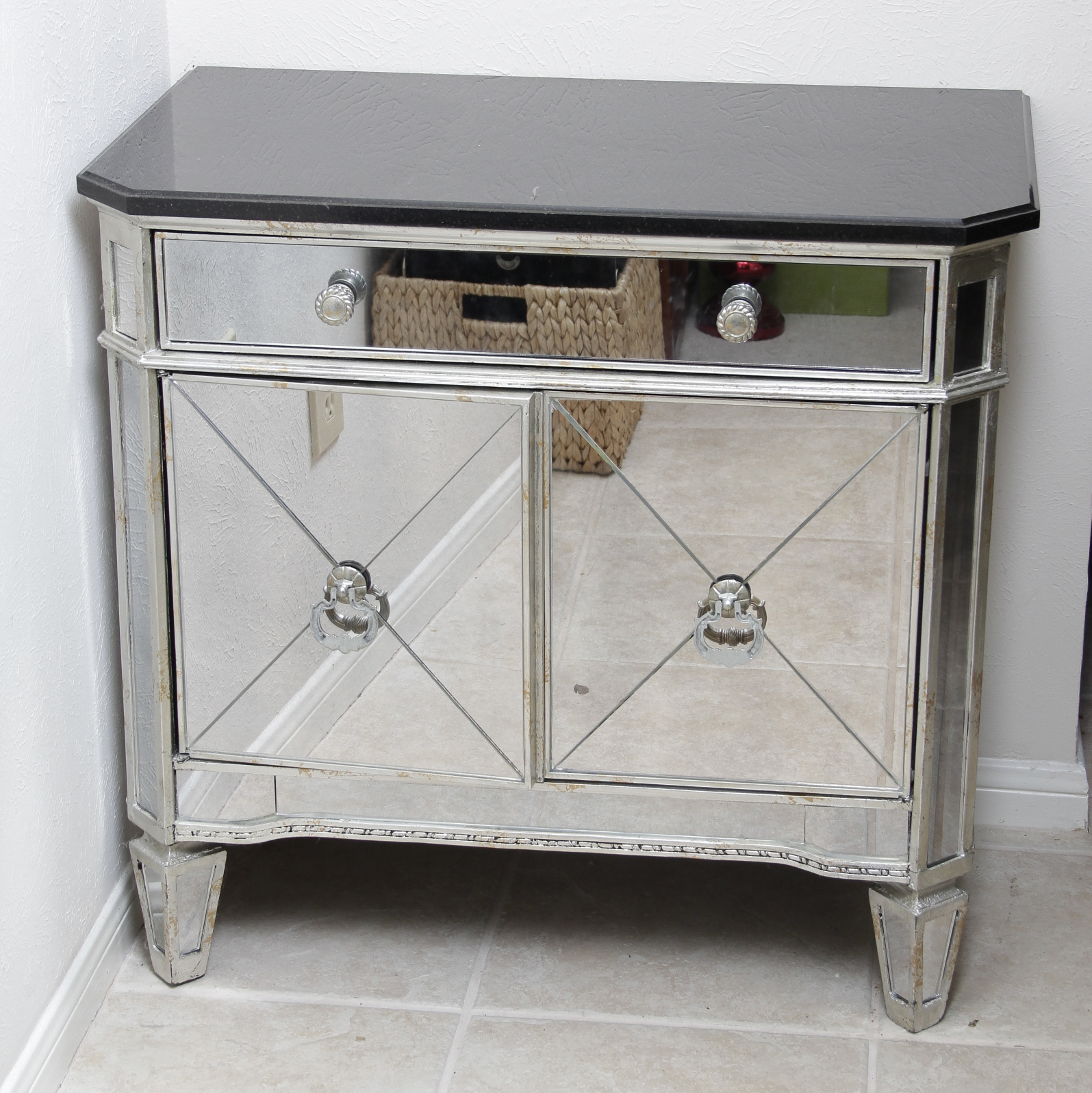 Mirrored Nightstand with Black Granite Top