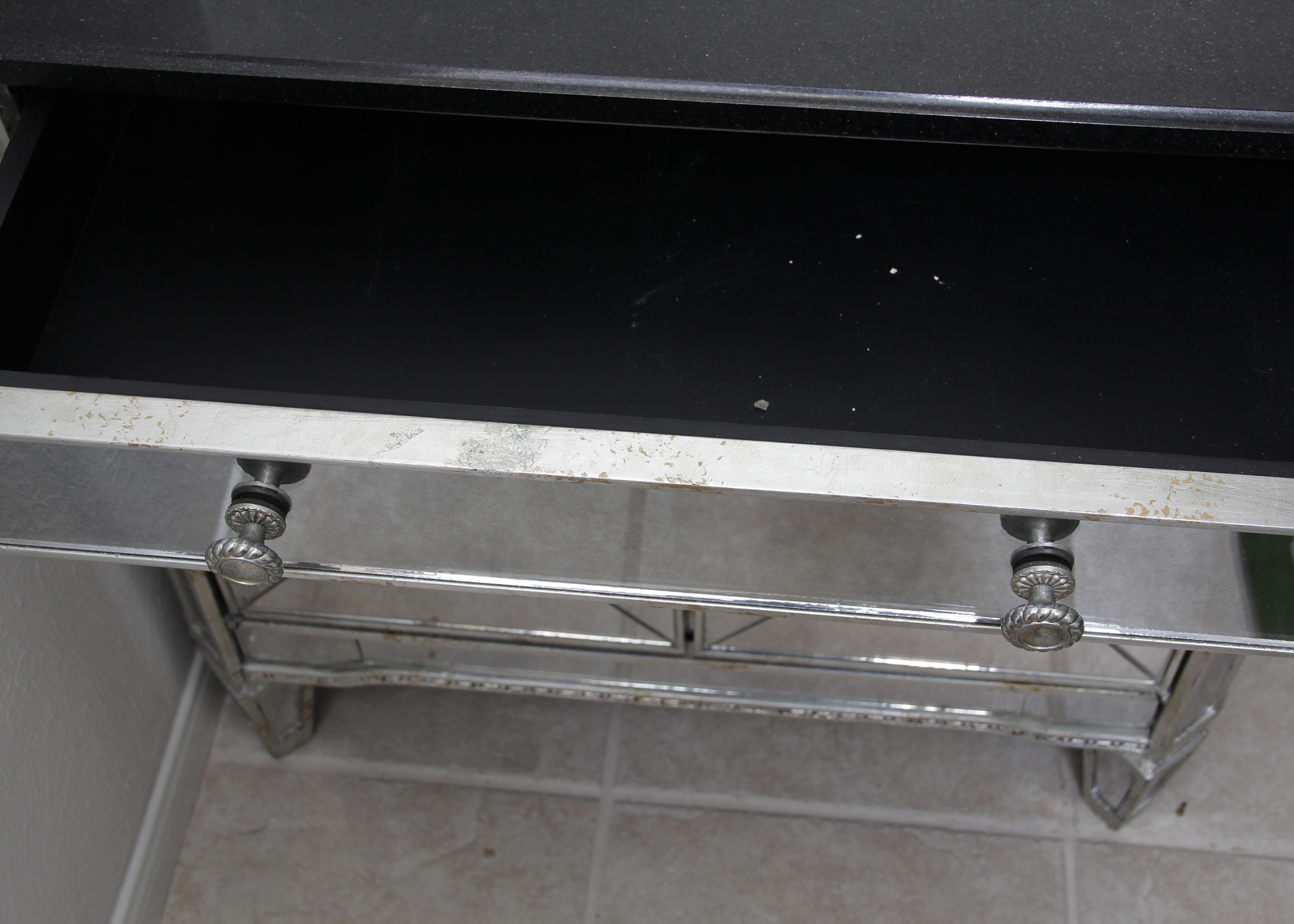 Mirrored Nightstand with Black Granite Top