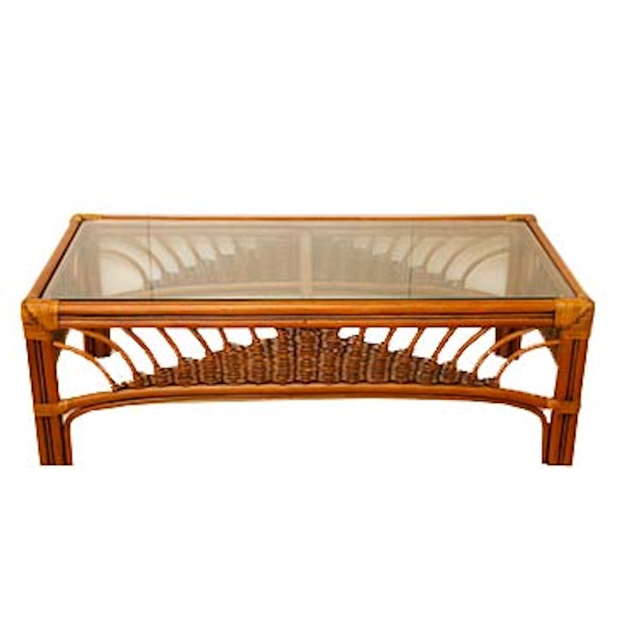 Leader's Bamboo and Rattan Wicker-Woven Glass Top Coffee Table