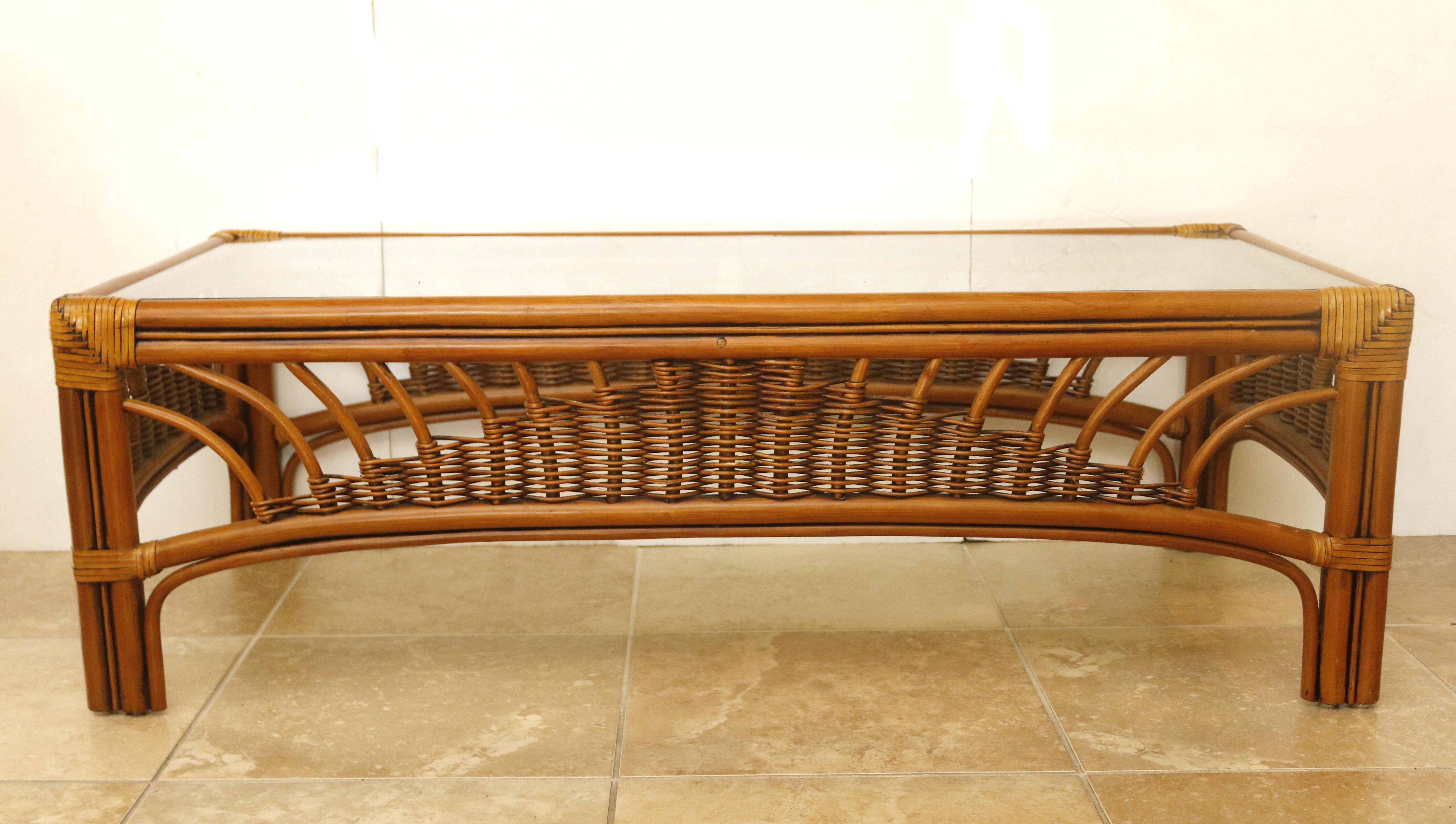 Leader's Bamboo and Rattan Wicker-Woven Glass Top Coffee Table