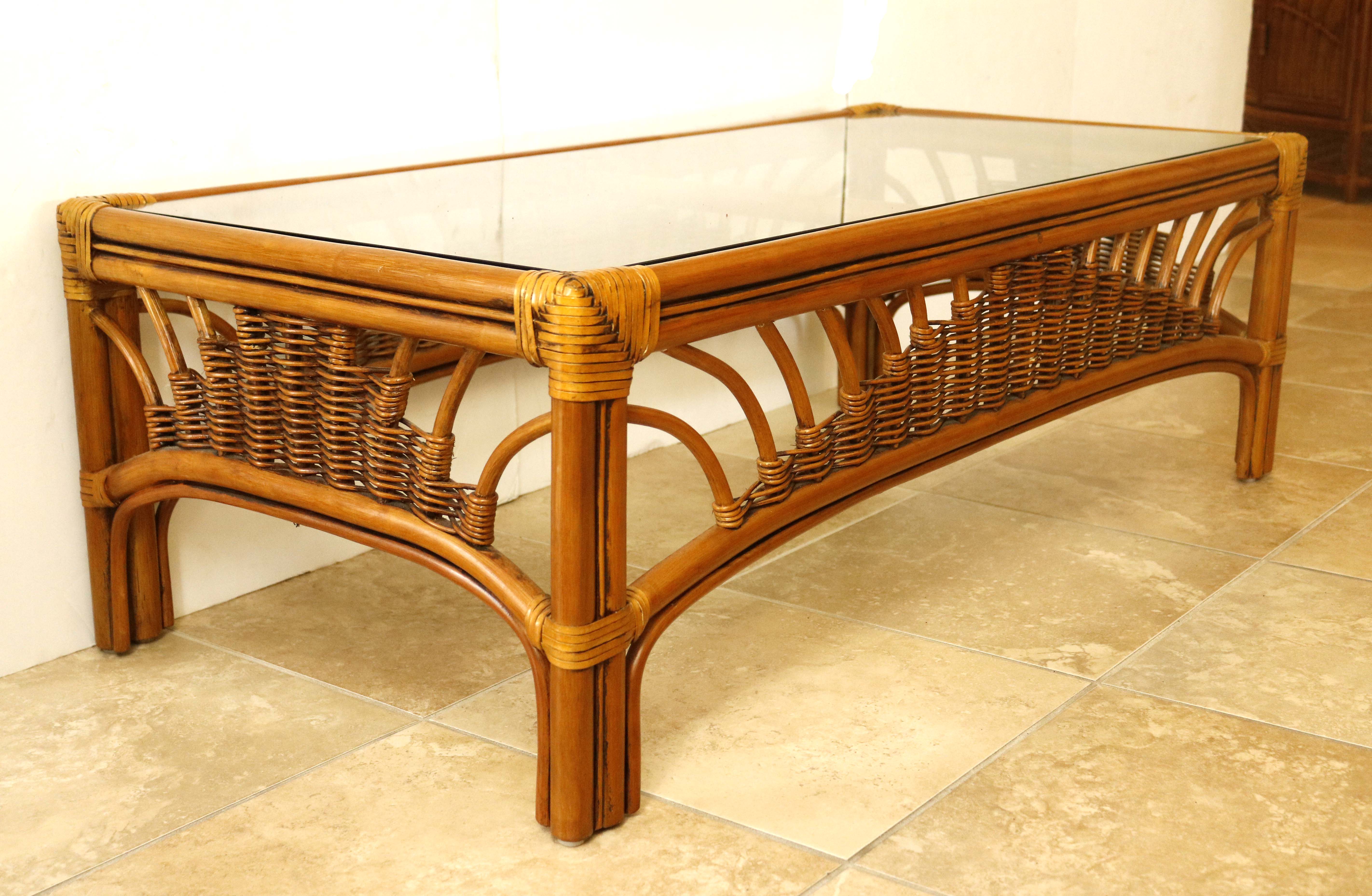 Leader's Bamboo and Rattan Wicker-Woven Glass Top Coffee Table