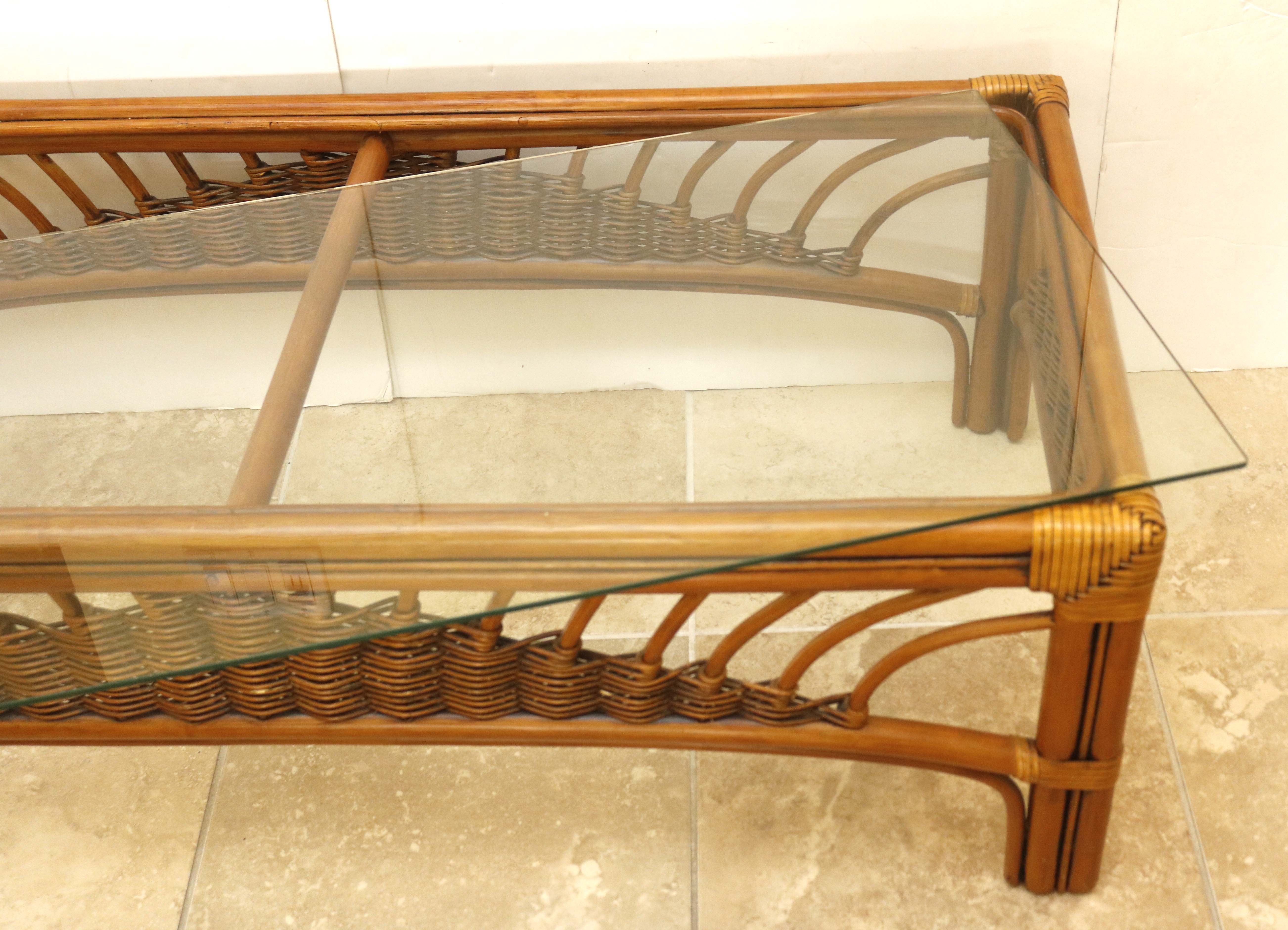 Leader's Bamboo and Rattan Wicker-Woven Glass Top Coffee Table