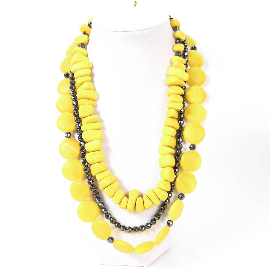 Linda Feld Hematite and Yellow Glass Beaded Necklace