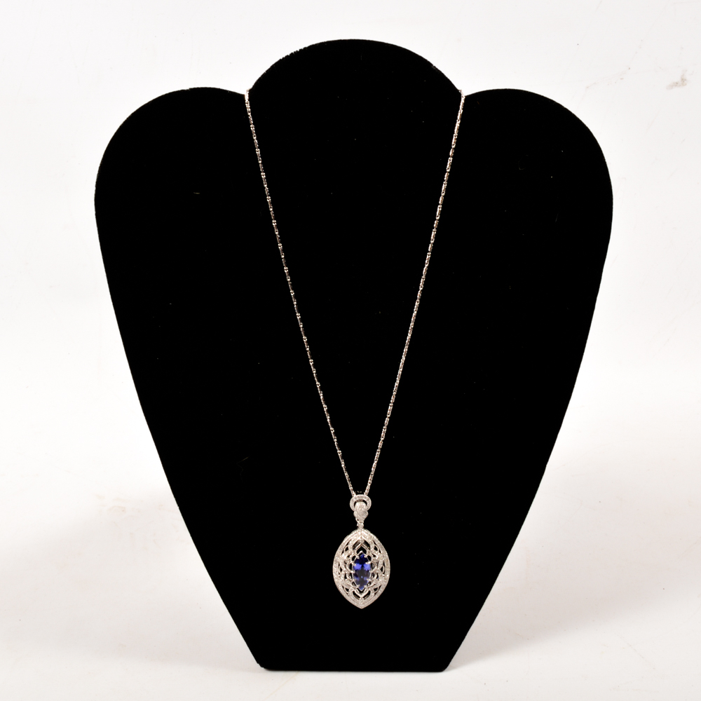 14KT White Gold, Tanzanite, and Diamond Pendant Necklace