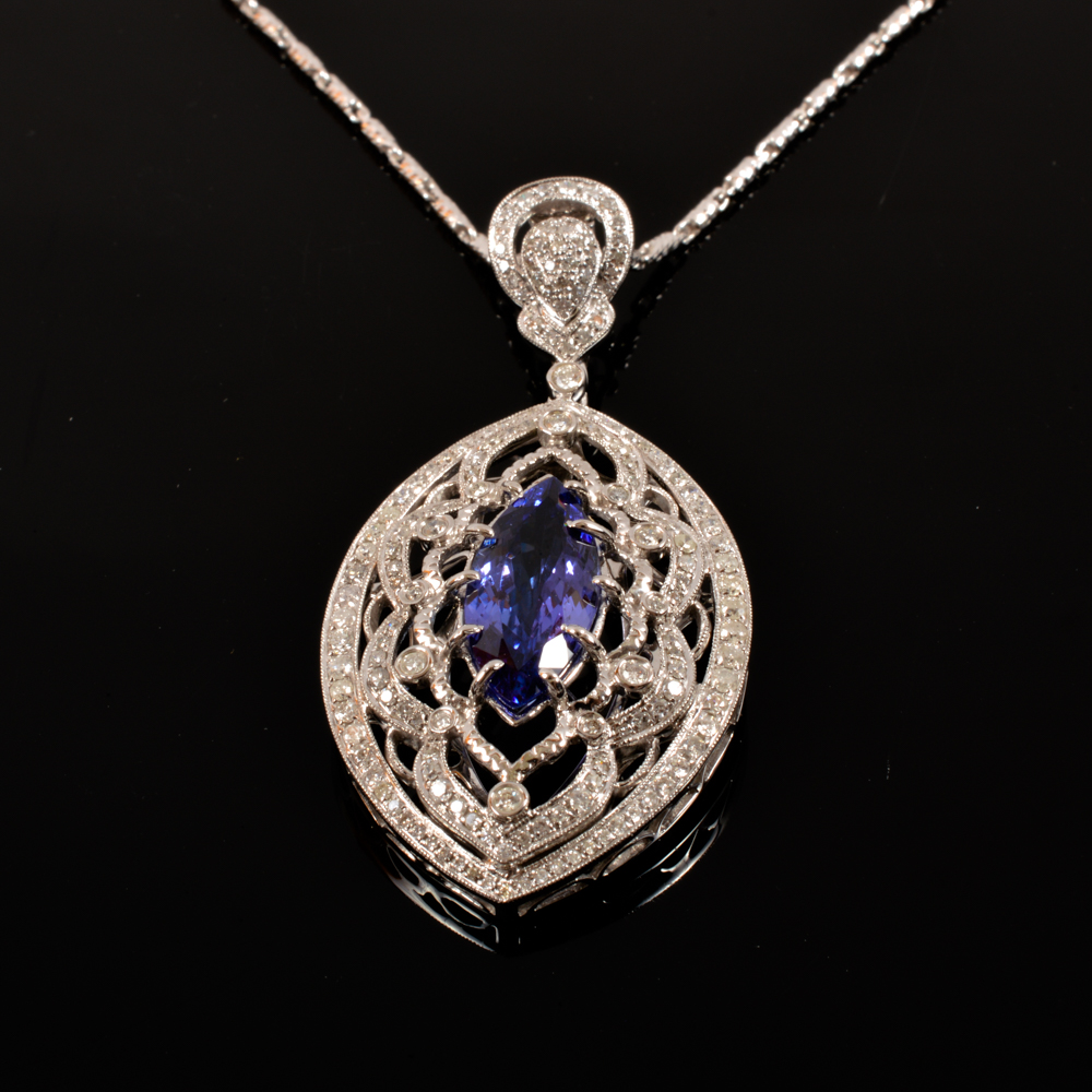 14KT White Gold, Tanzanite, and Diamond Pendant Necklace