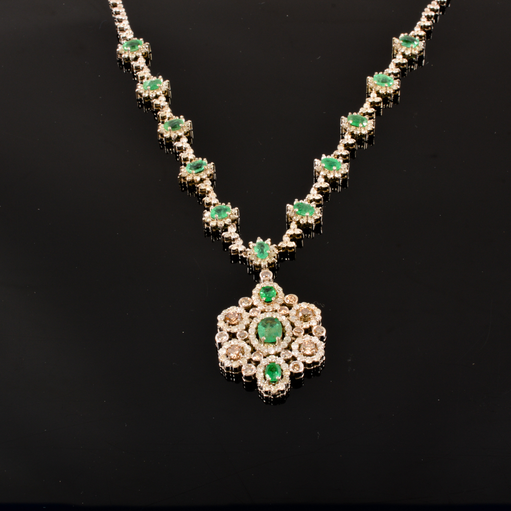 14KT White Gold Emerald and Diamond Necklace