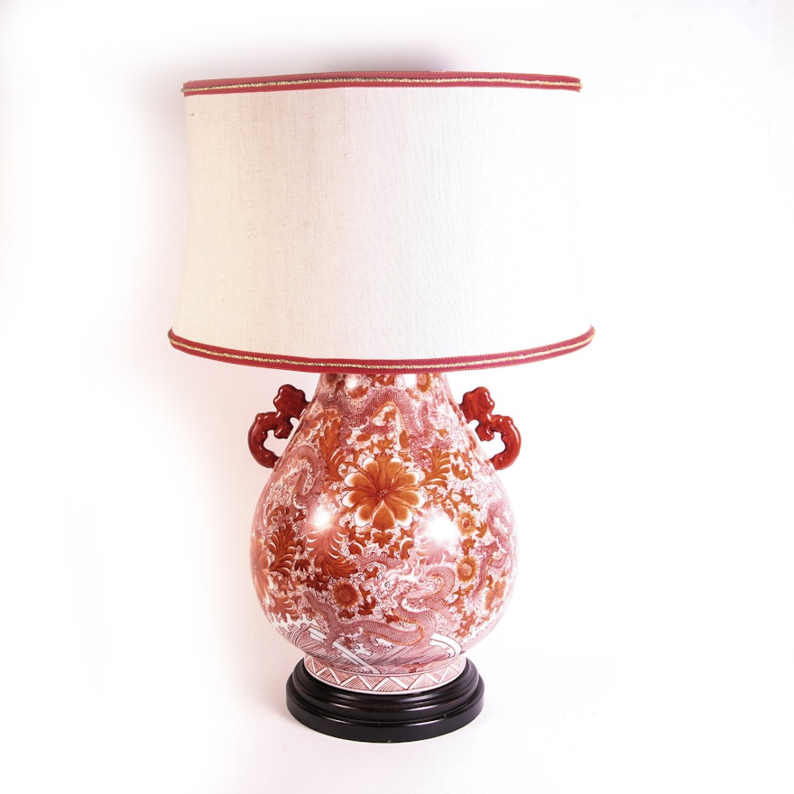 Large Orange & White Ginger Jar Lamp with Shade