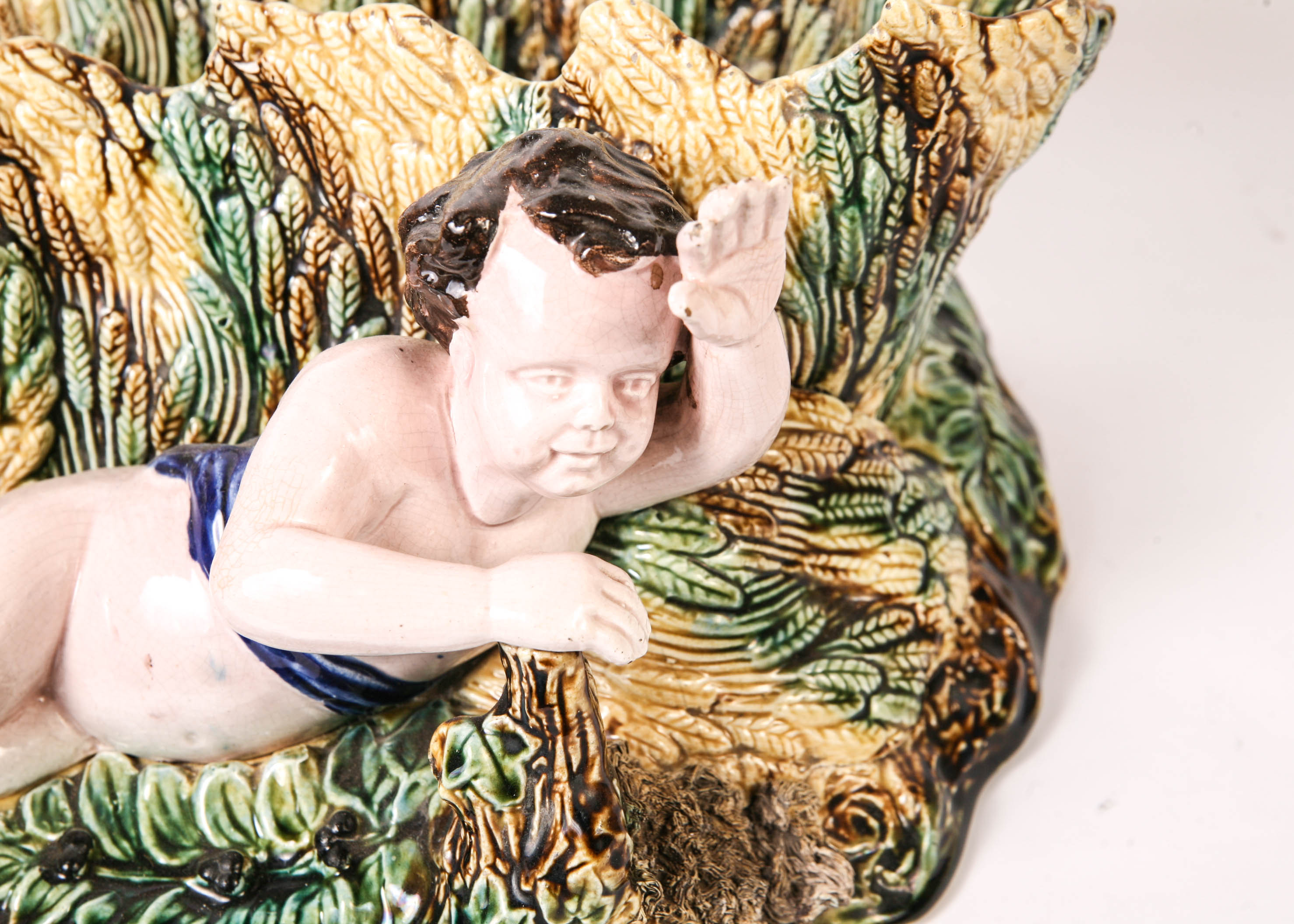 Antique Majolica Container with Baby Circa 1900