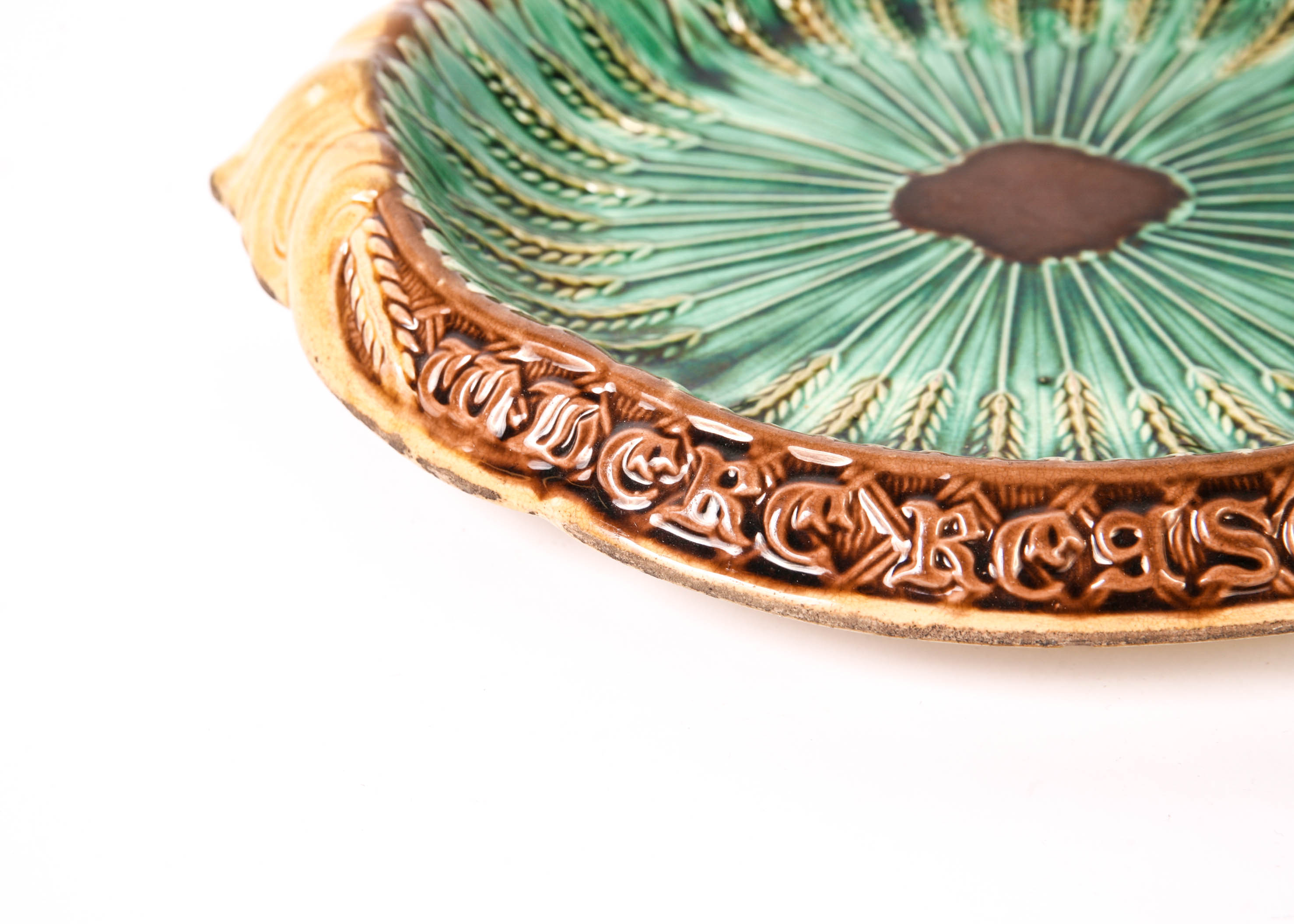 Antique Majolica Wheat Tray with Mottos