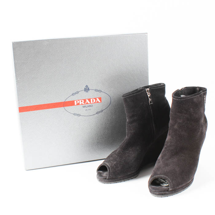 Pair of Black Suede Prada Peep Toe Booties