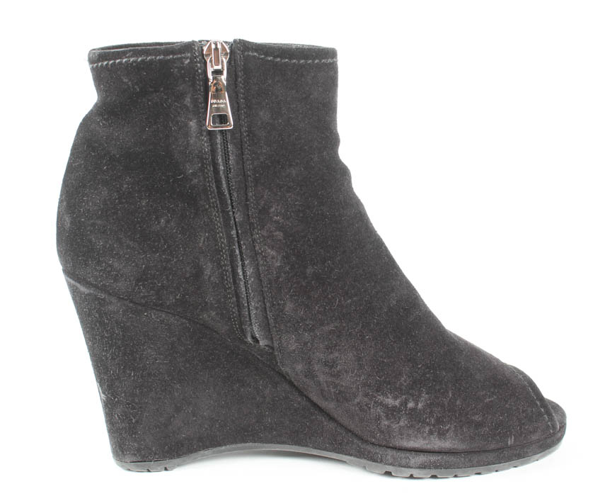 Pair of Black Suede Prada Peep Toe Booties