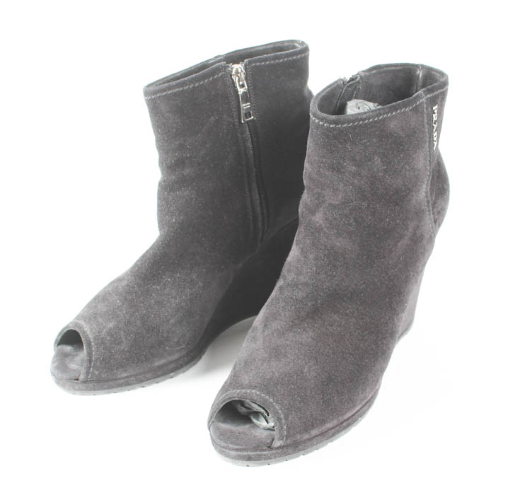 Pair of Black Suede Prada Peep Toe Booties