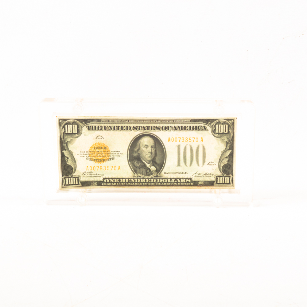 1928 $100 Gold Certificate in Case