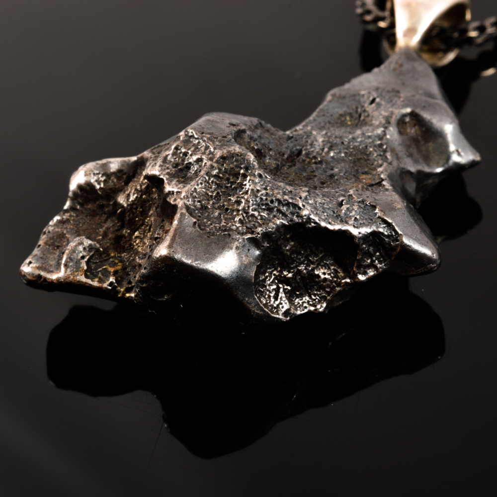 Natural Meteorite Pendant Necklace on Black Sterling Chain
