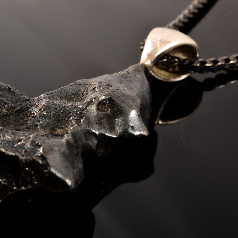 Natural Meteorite Pendant Necklace on Black Sterling Chain