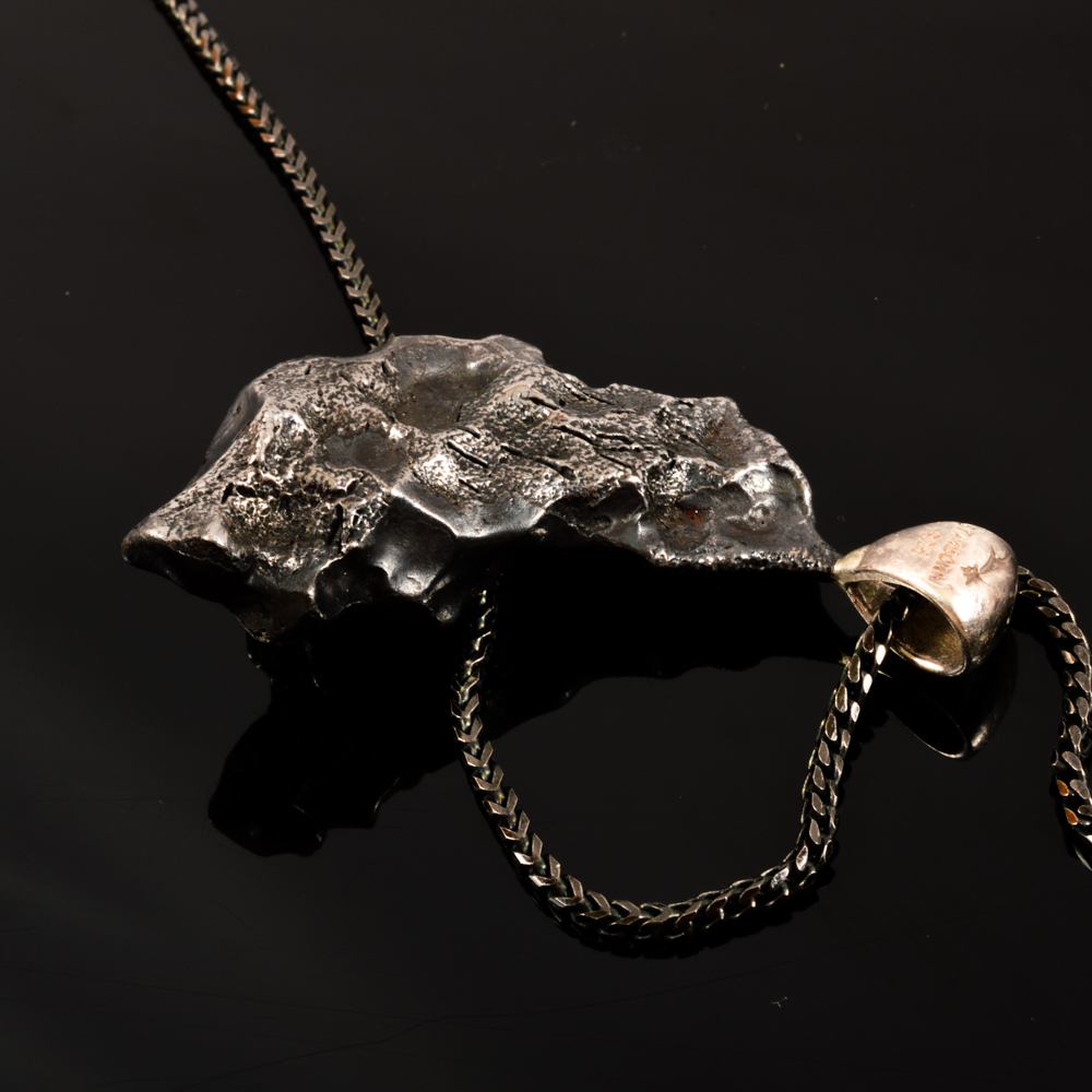 Natural Meteorite Pendant Necklace on Black Sterling Chain