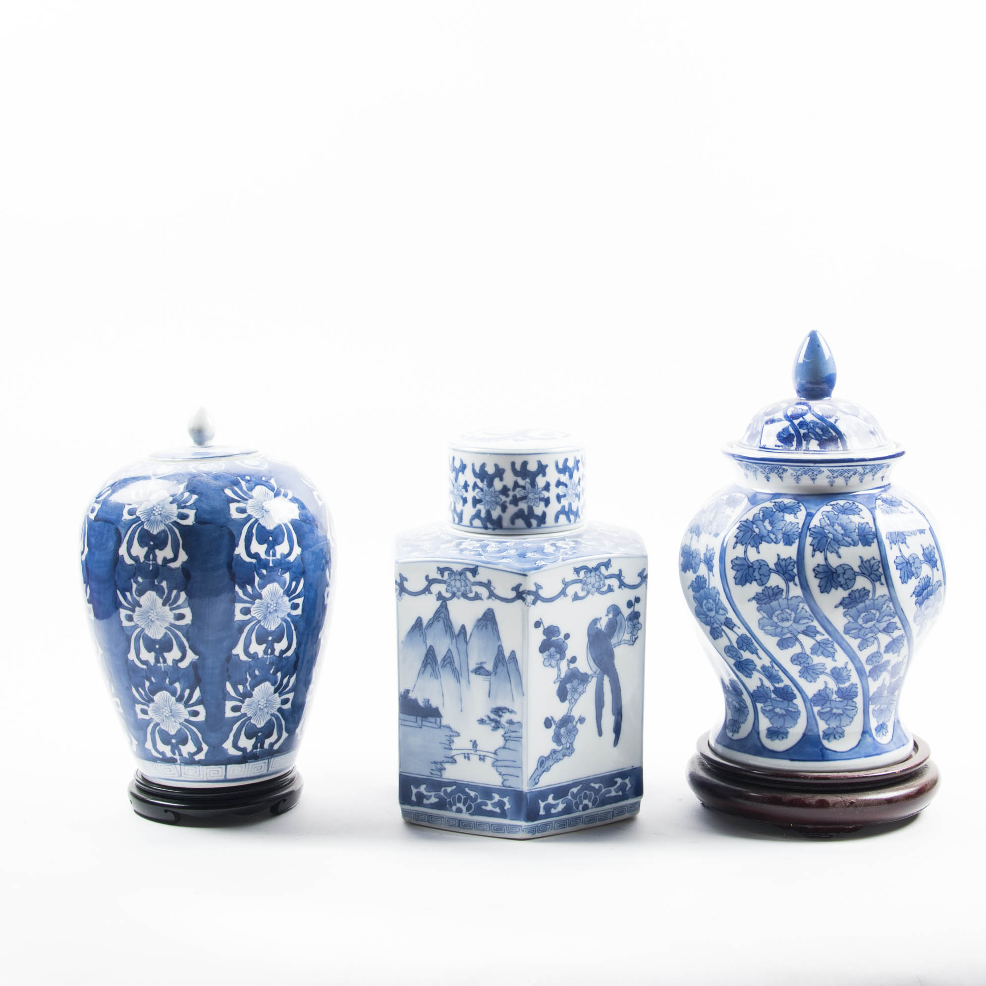 Trio of Blue and White Ceramic Lidded Jars