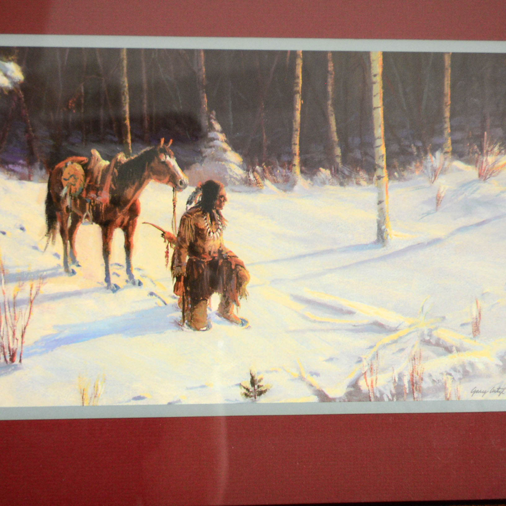 Gary Artz Offset Lithograph of Native American Tracker in Snow
