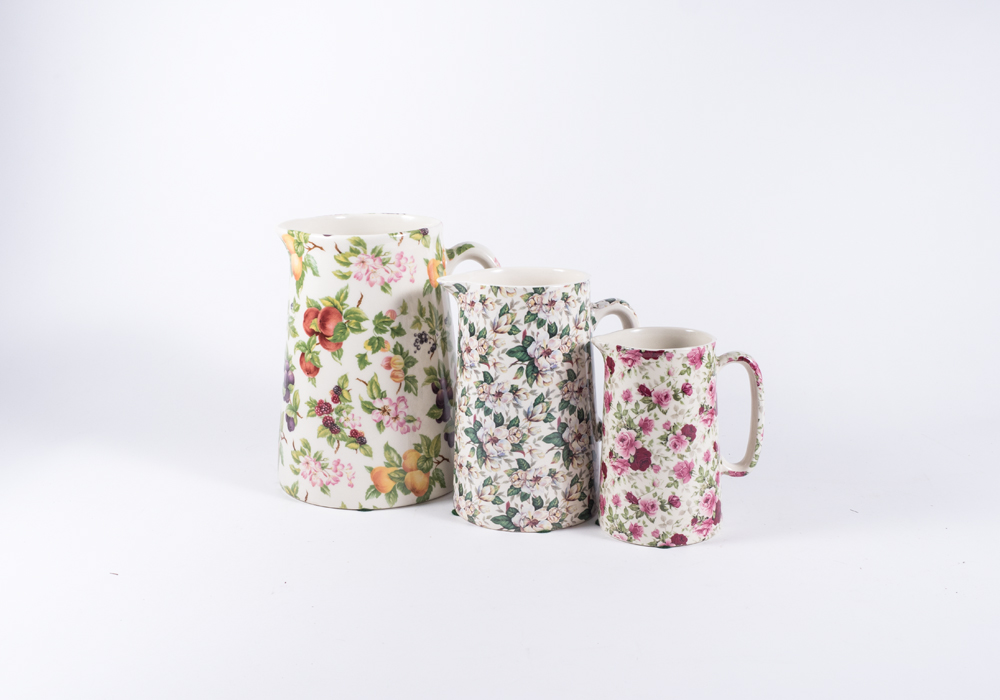 Trio of English Floral Chinz Pitchers