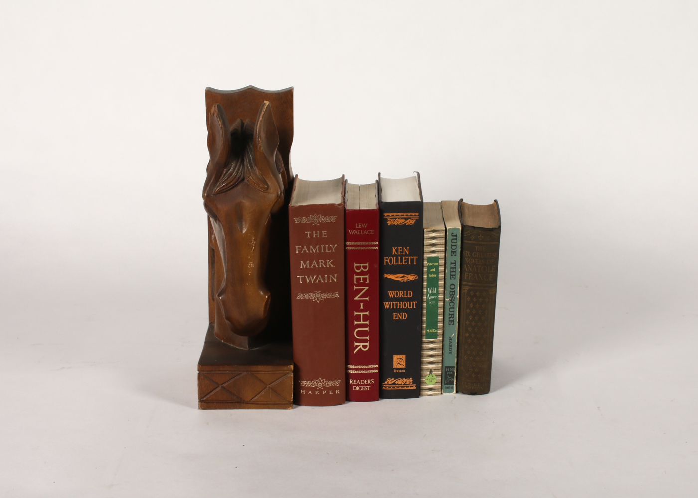 Set of Vintage Books and Carved Horse Bookend