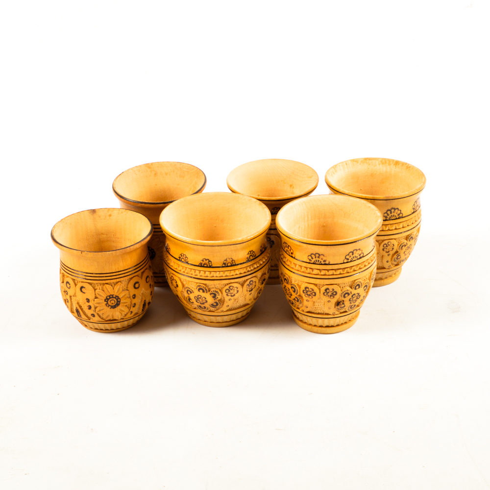 Six Vintage Hand-Carved Wooden Mugs