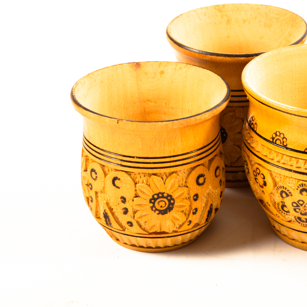 Six Vintage Hand-Carved Wooden Mugs