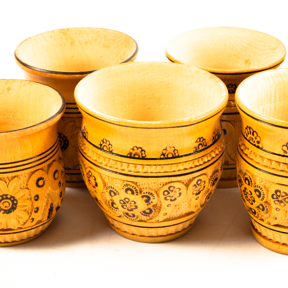 Six Vintage Hand-Carved Wooden Mugs