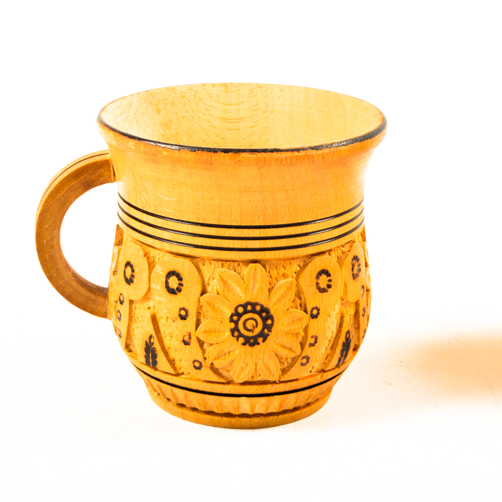 Six Vintage Hand-Carved Wooden Mugs