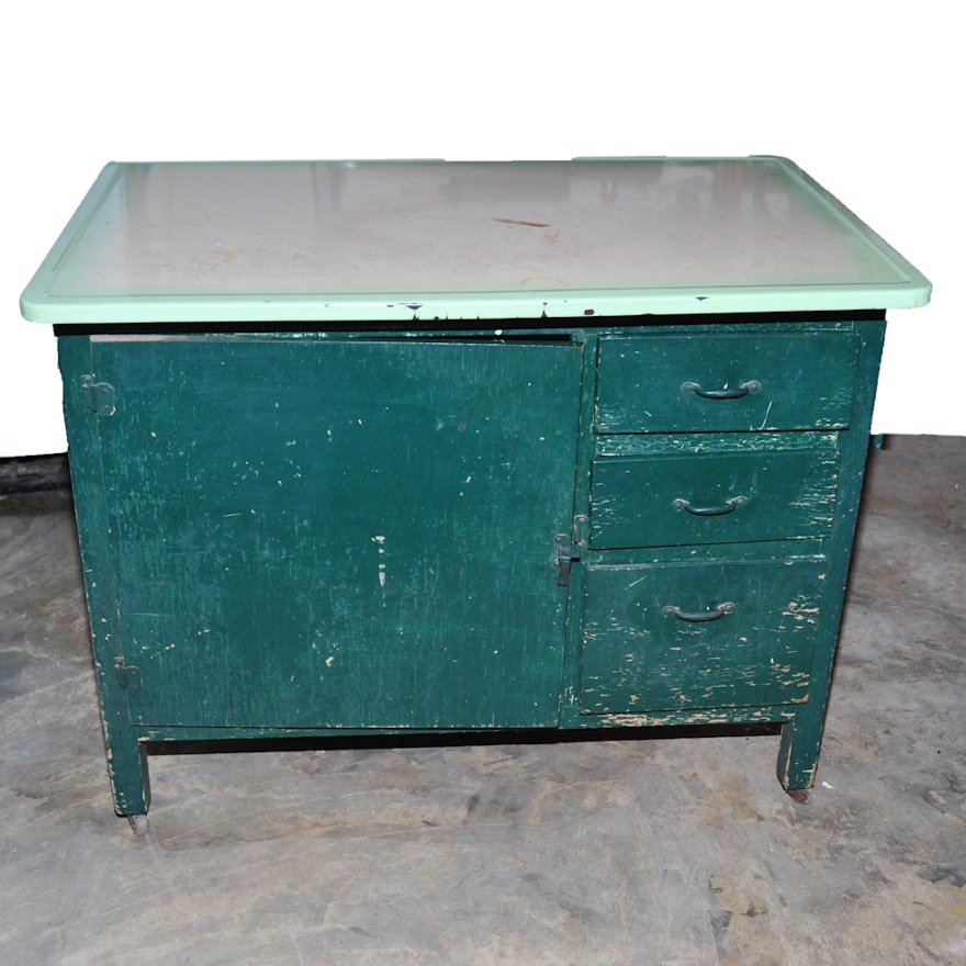 Vintage Enamel Top Kitchen Counter and Cabinet