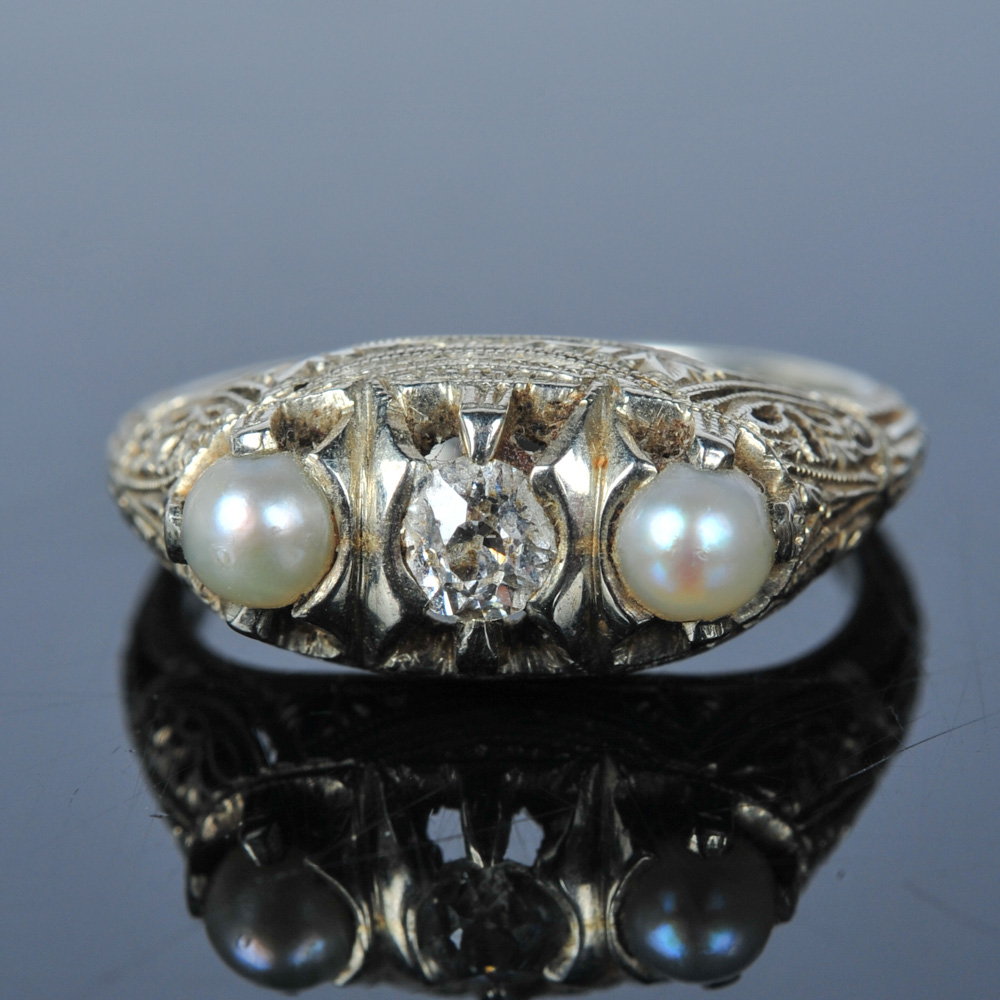 Antique Victorian 19K White Gold, Pearl, and Diamond Ring