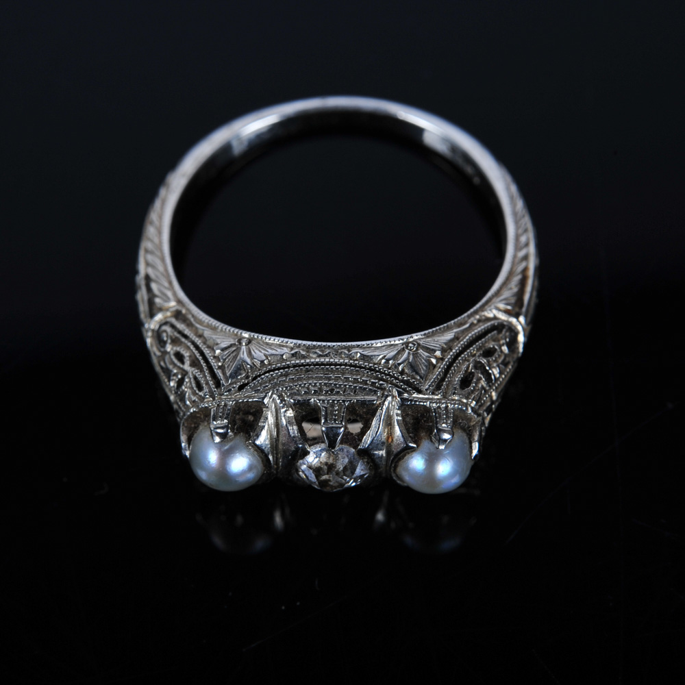 Antique Victorian 19K White Gold, Pearl, and Diamond Ring