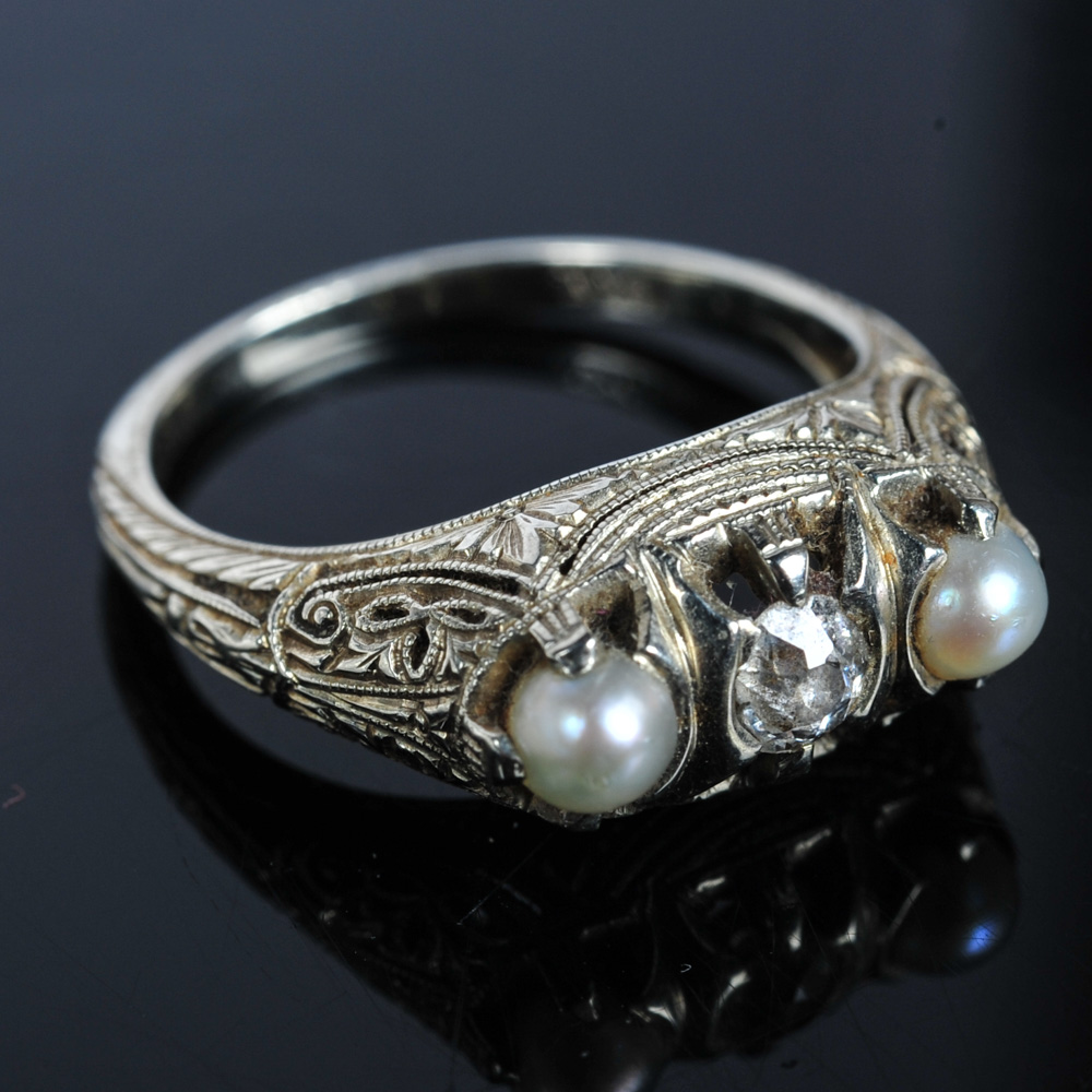 Antique Victorian 19K White Gold, Pearl, and Diamond Ring